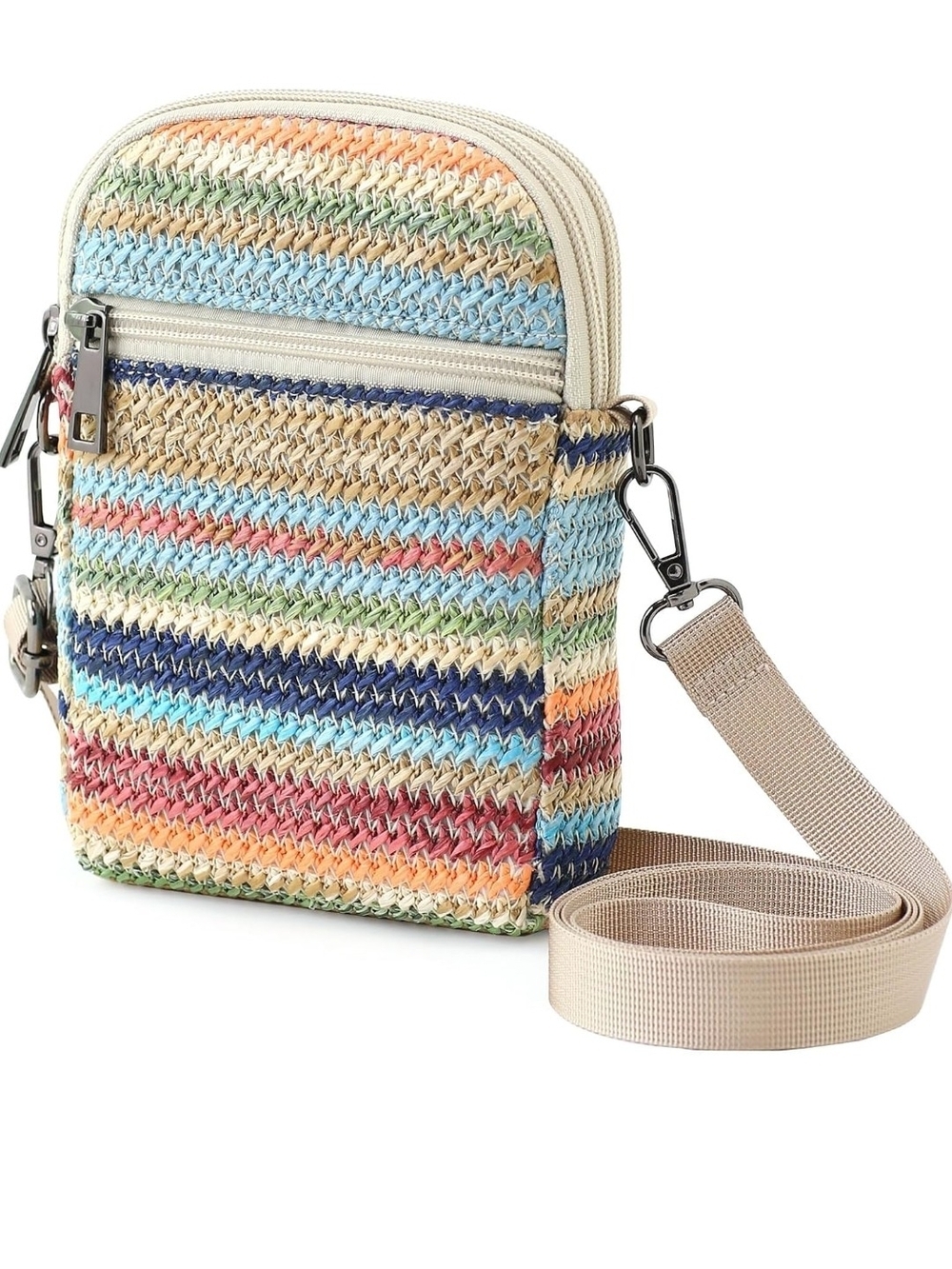Woven Multicolor Crossbody Bag – Beige Strap
